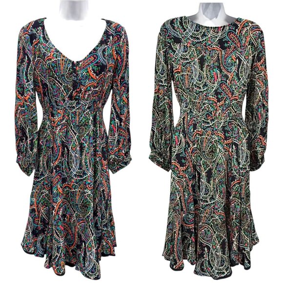 Maeve Anthropologie Boho Paisley Dress Flowy Long Sleeve Navy/Multicolor Size S - Picture 2 of 15